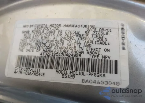 2002 Toyota Sienna Xle z USA, uszkodzony, nr VIN 4T3ZF13C42U424958